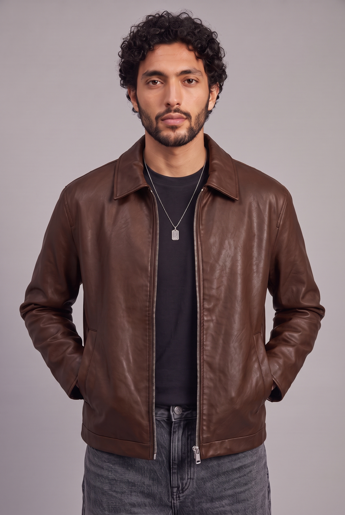 Tenue Leather Jacket Maron Full Black Jean Bleu