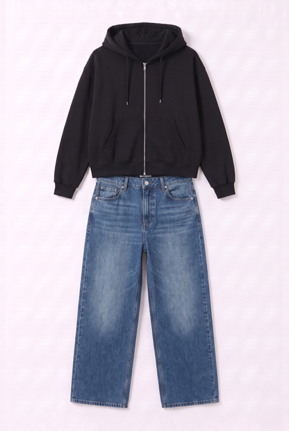 Set Veste Zip Noir & Jean Bleu Fonce