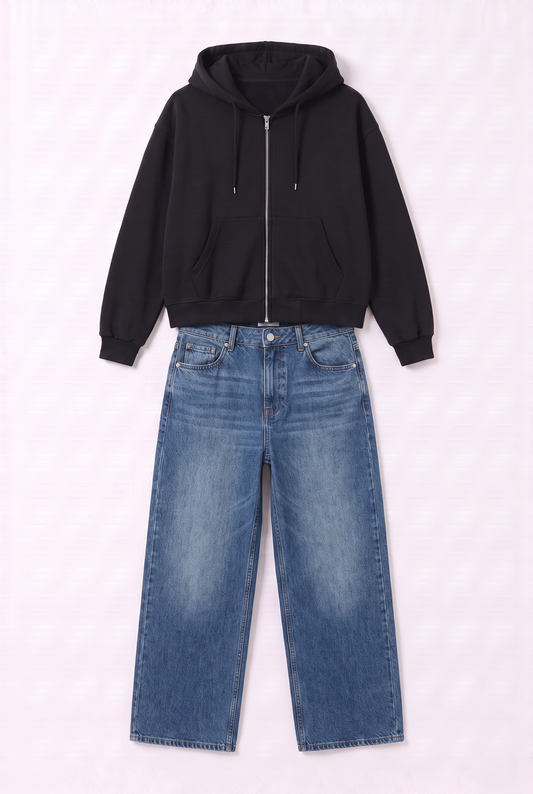 Set Veste Zip Noir & Jean Bleu Fonce