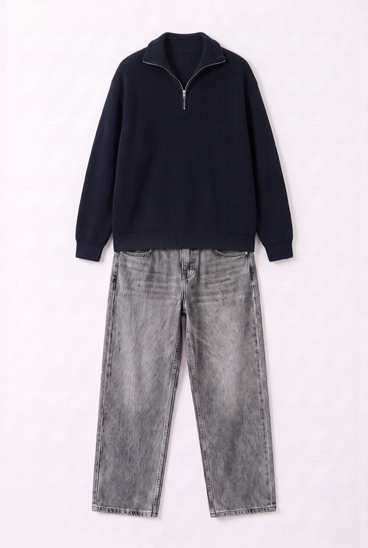 Tenue Half-Zip Knit Marine & Jean Large Gris