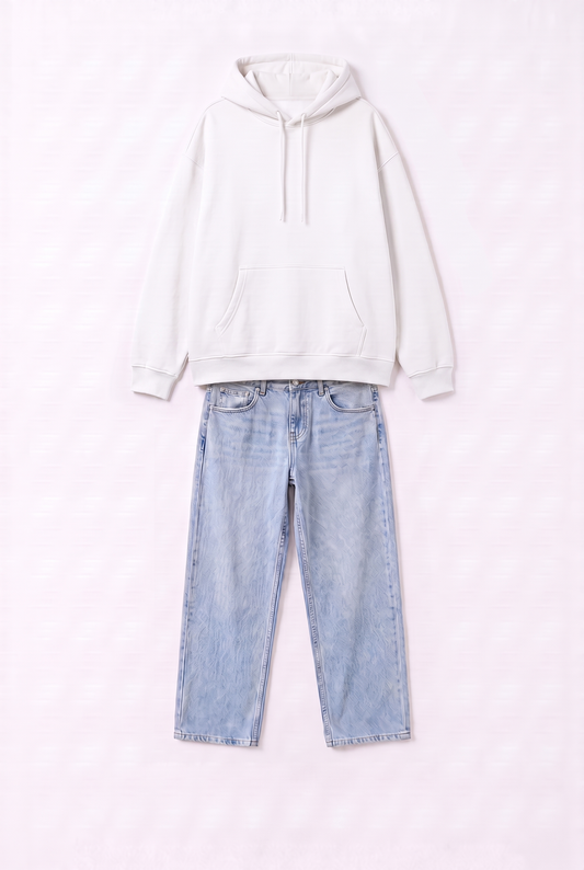 Set Sweat à Capuche Blanc & Baggy Jean Bleu
