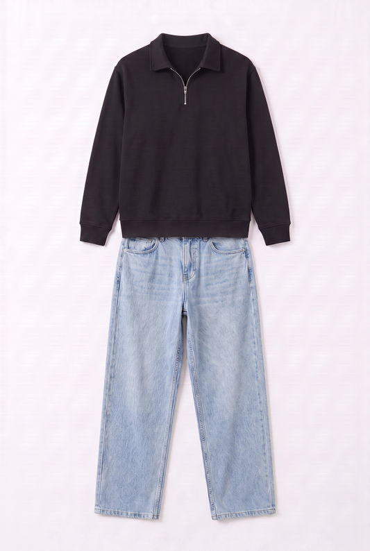 Set Sweat Col Zip Noir & Jean Large Bleu